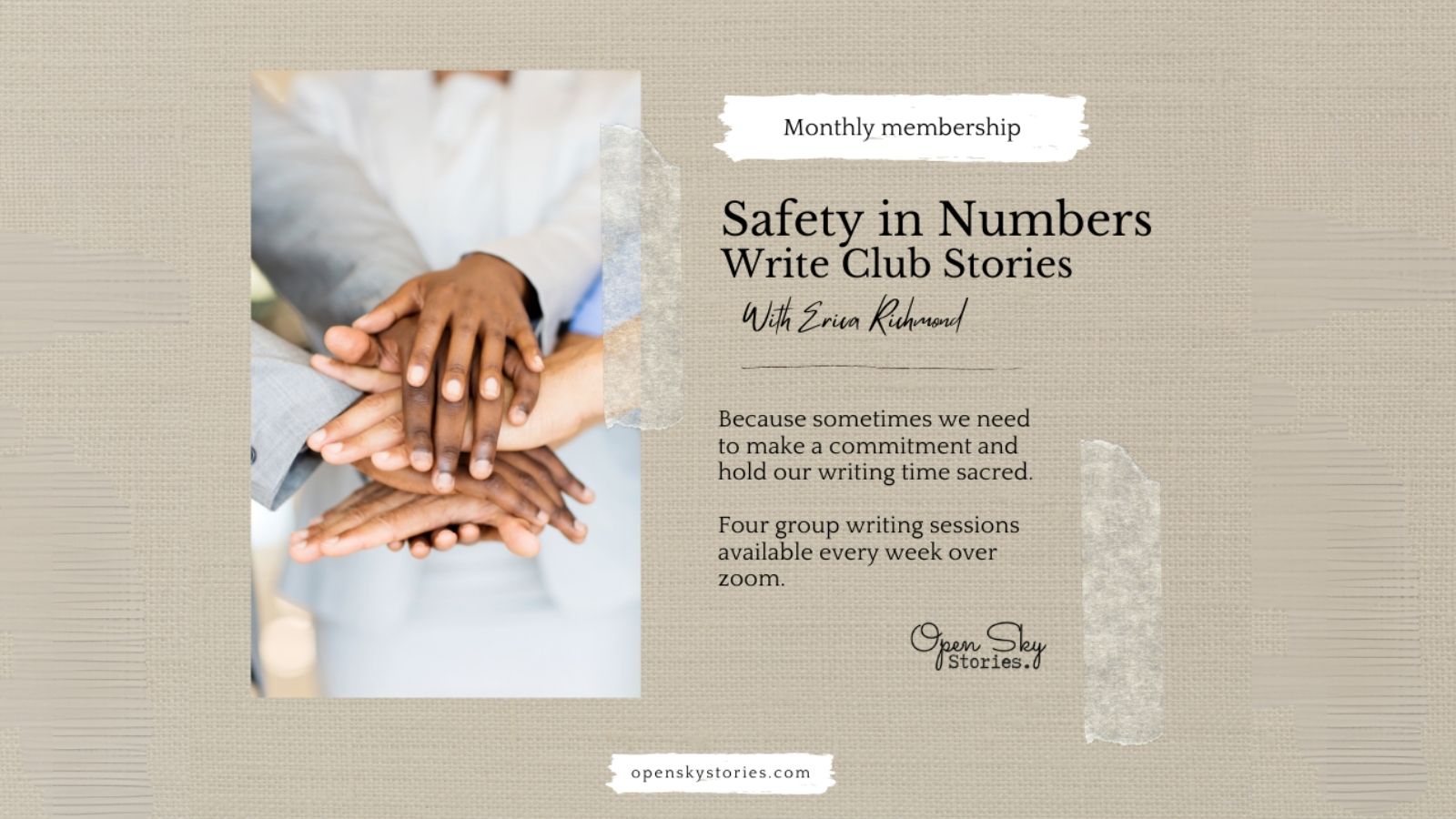Poster for Author Erica Richmond's Safety in Numbers Monthly writing membership