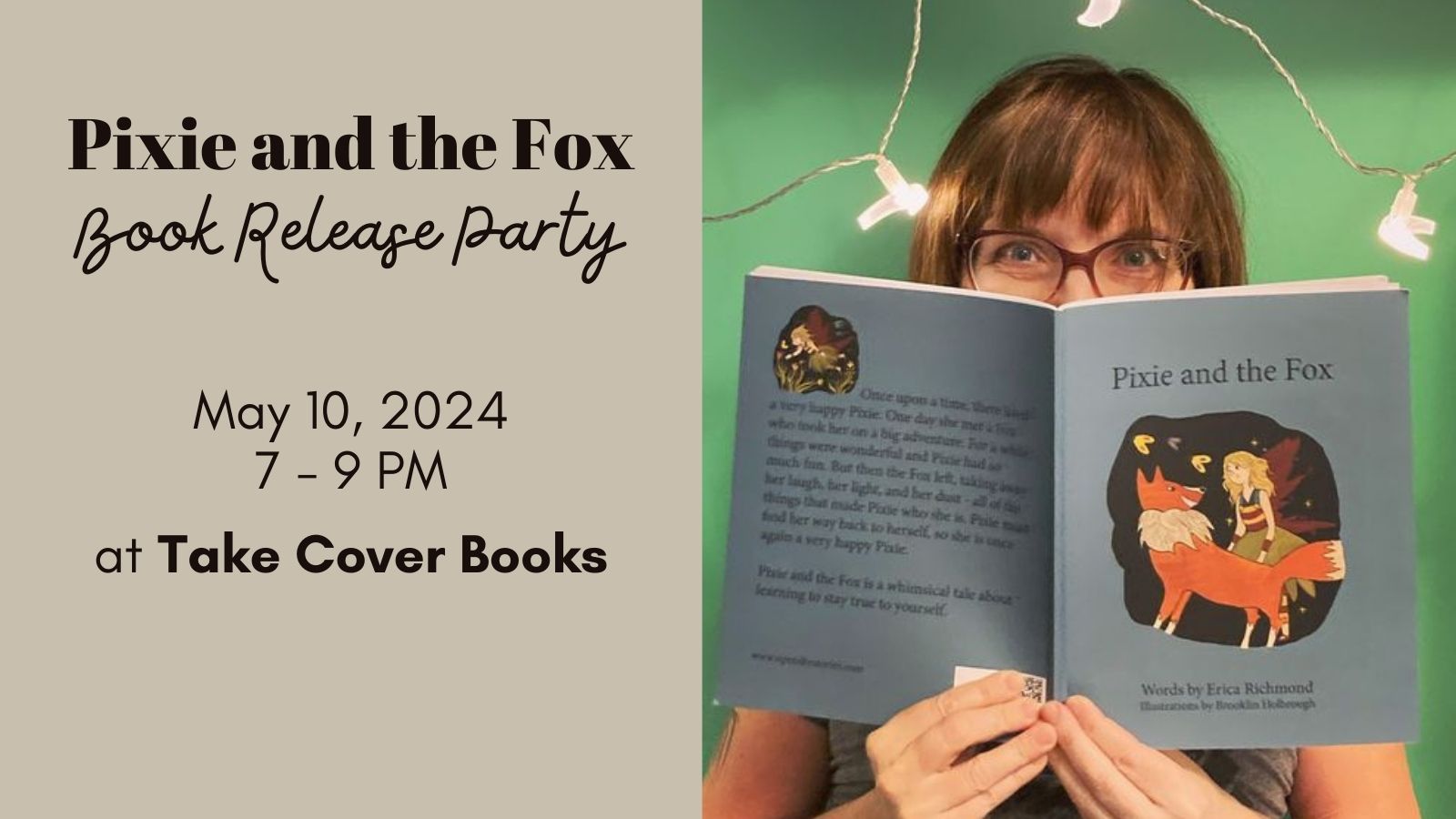 Poster for Author Erica Richmond's book release party for her newest book, Pixie and the Fox.