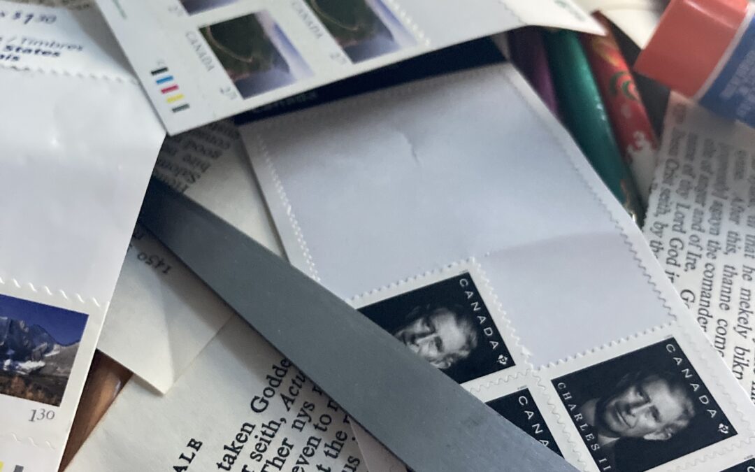 image of stamps and scissors and book pages for mail art