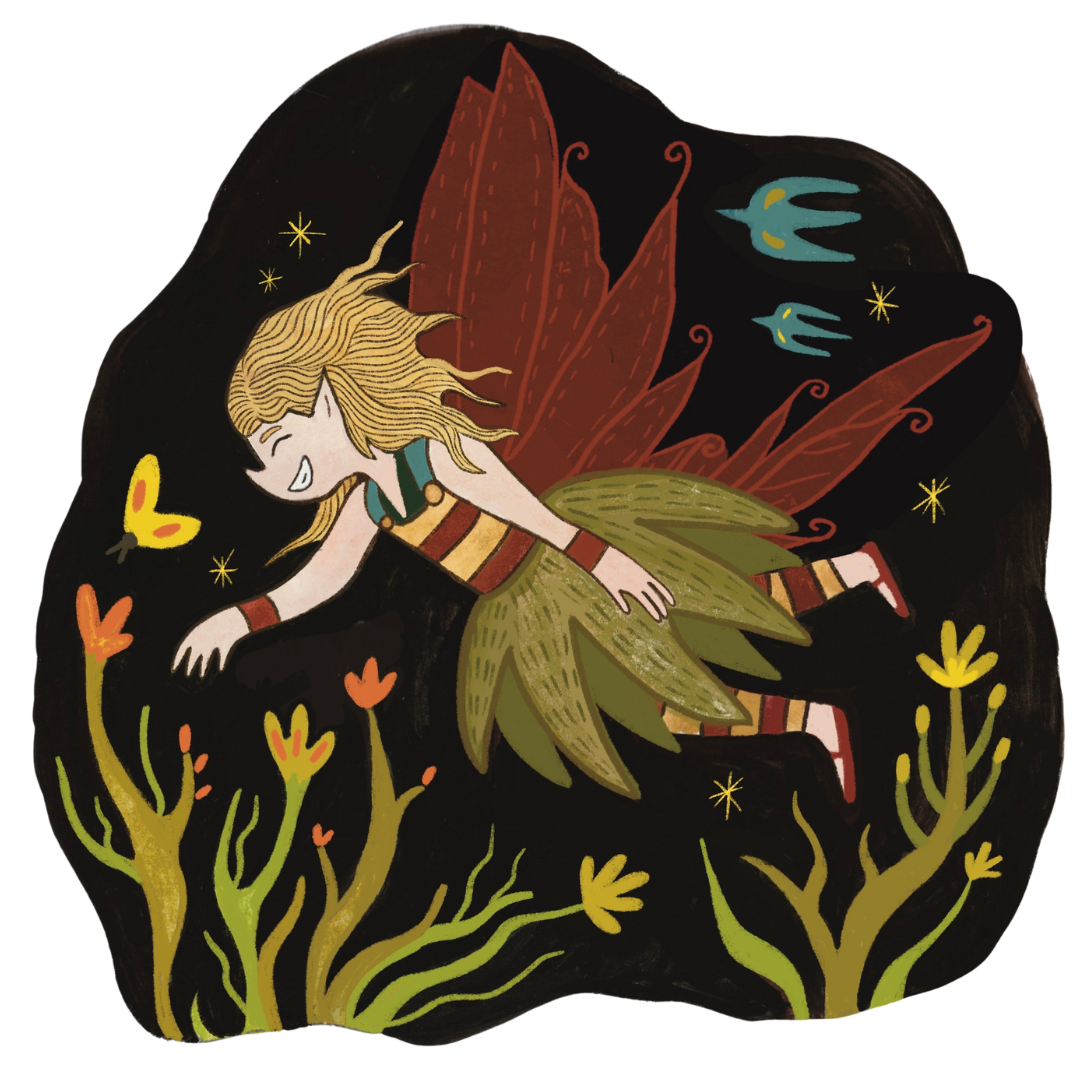 An illustration of Pixie, picking brightly coloured flowers on a black background.