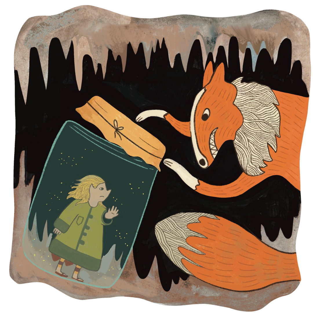 An illustration of an orange fox placing Pixie in a glass jar.