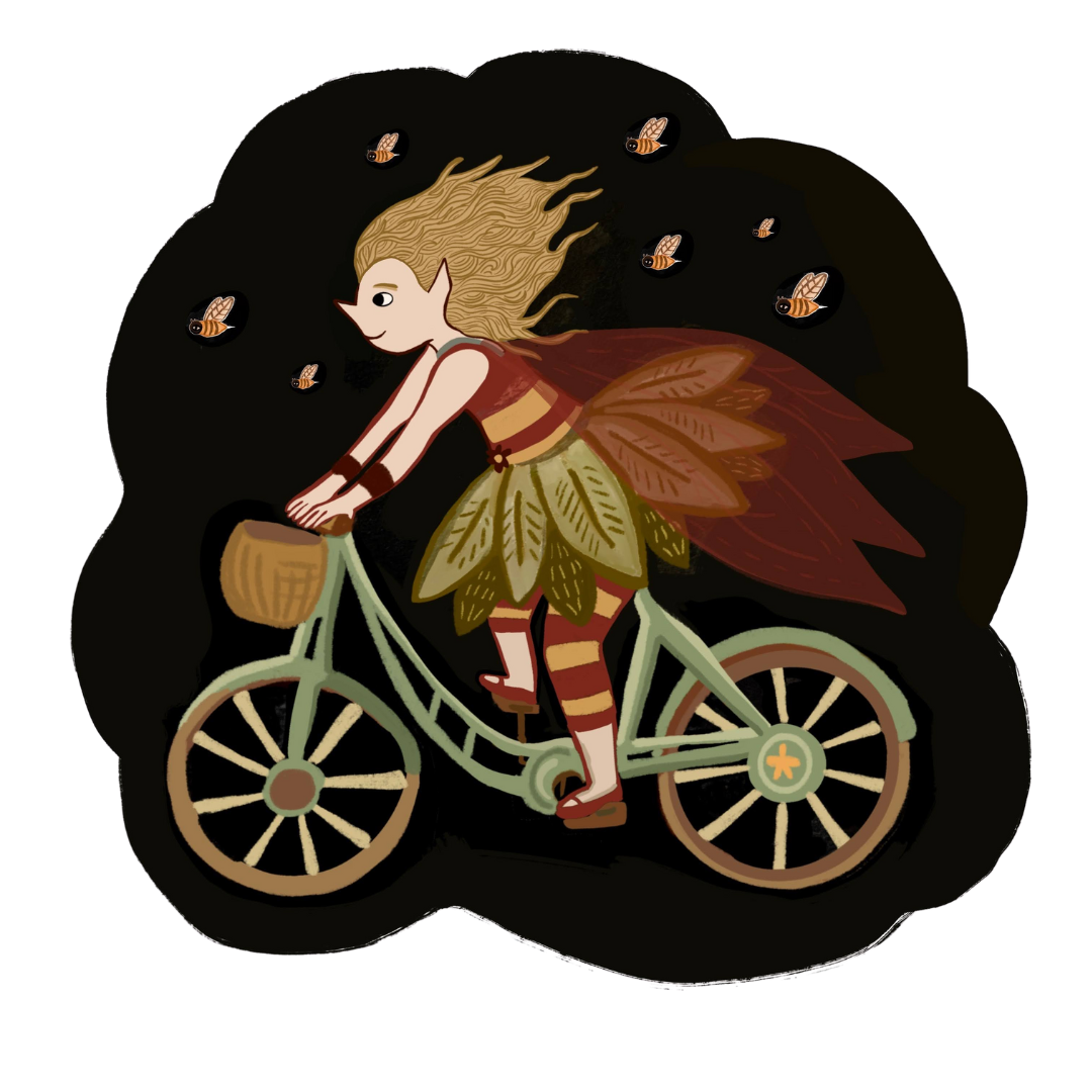 An illustration of Pixie, a small pixie with red wings, riding a green bike.